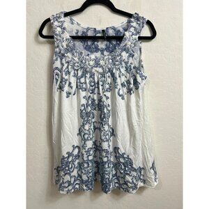 Espresso XL Blue White Tank Floral Netting and Flower Detail Around the Neckline